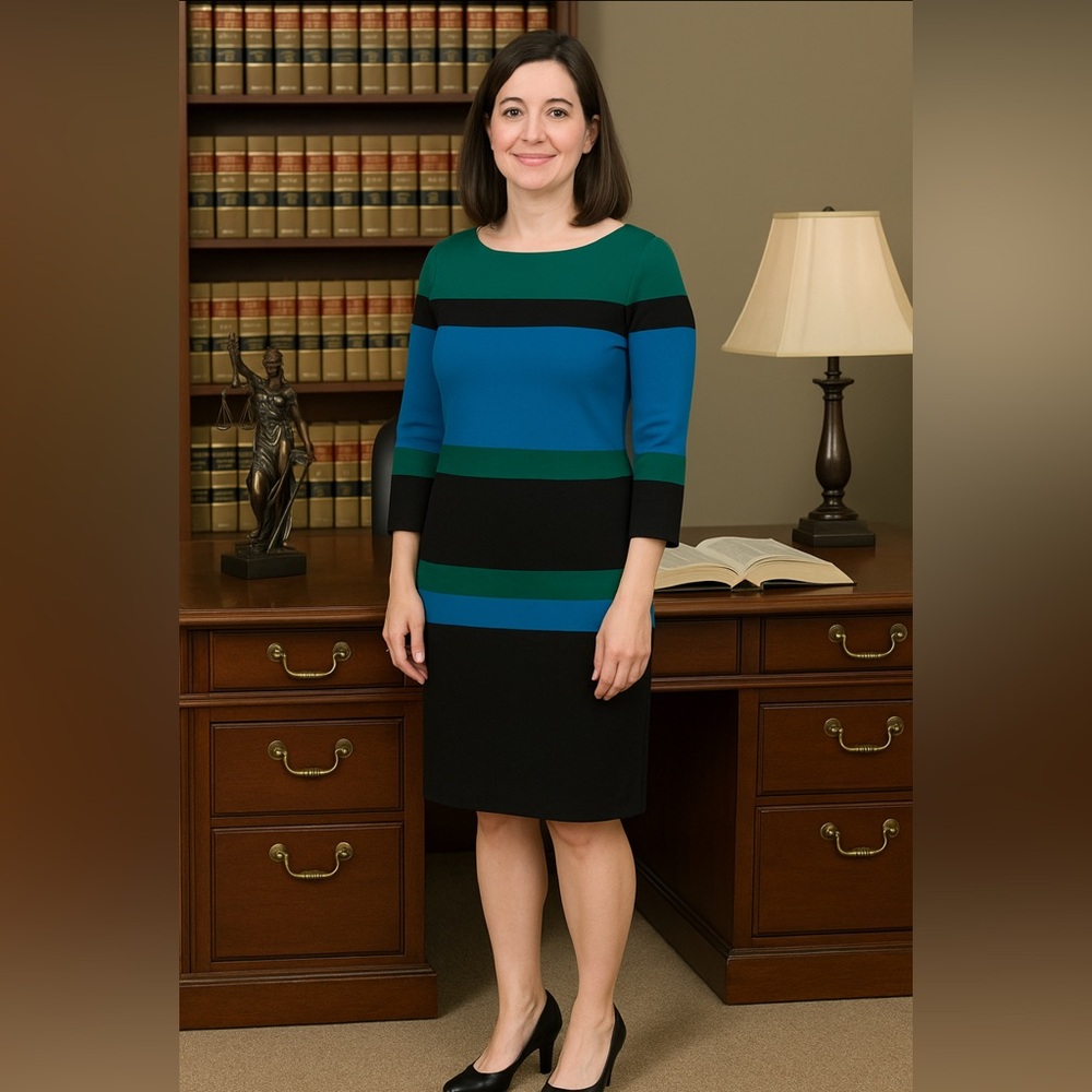 Exclusively Misook Green and Blue Striped Midi Dress